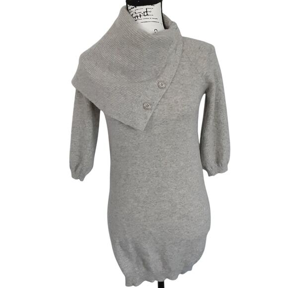 Sisley Cowl Neck Sweater Tunic Gray Half Sleeve Button Cashmere Merino Wool - Picture 1 of 10